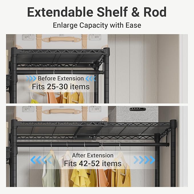 VIPEK X3 Plus Large Expandable Closet Rack Adjustable from 5'10" to 8'8" with Extendable Shelves and Hanger Rods, Freestanding Clothing Racks Modular Closet Systems Wardrobe, Max Load 1360LBS, Black