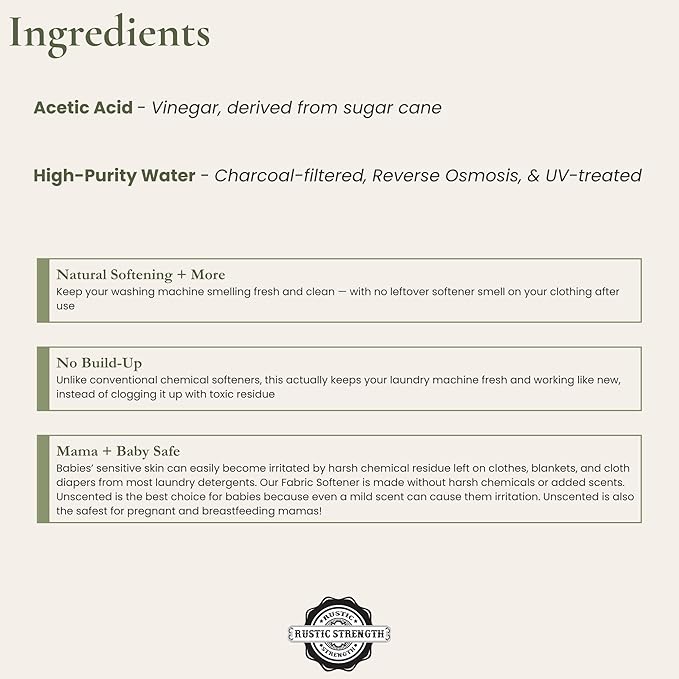 Rustic Strength Natural Fabric Softener, Non-Toxic, Biodegradable, Reduces Static, Removes Soap Build-Up, HE Compatible, 24 oz Glass