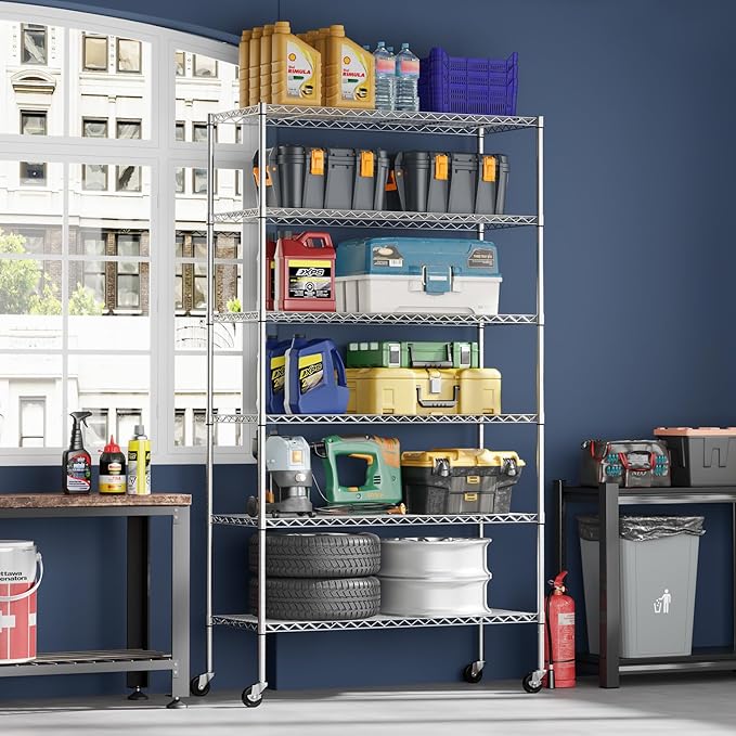FDW 45"L×18"W×82"H Wire Shelving Unit Storage Cart Metal Shelf Rolling Utility Cart 2100Lbs Capacity with 6 Tier Casters Adjustable Layer Rack Strong Steel for Restaurant Garage Pantry Kitchen,Chrome
