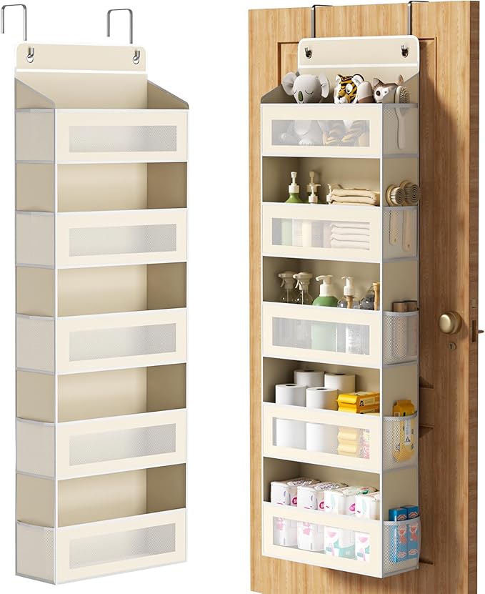 Over The Door Organizer with 5 Large Pockets, Over the Door Storage 10 Side Pocket 44 lb Load Behind Door Storage, Closet Door Organizer Hanging Shelf for Wall Bathroom Bedroom Nursery, 5-Tier Beige