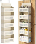 Over The Door Organizer with 5 Large Pockets, Over the Door Storage 10 Side Pocket 44 lb Load Behind Door Storage, Closet Door Organizer Hanging Shelf for Wall Bathroom Bedroom Nursery, 5-Tier Beige