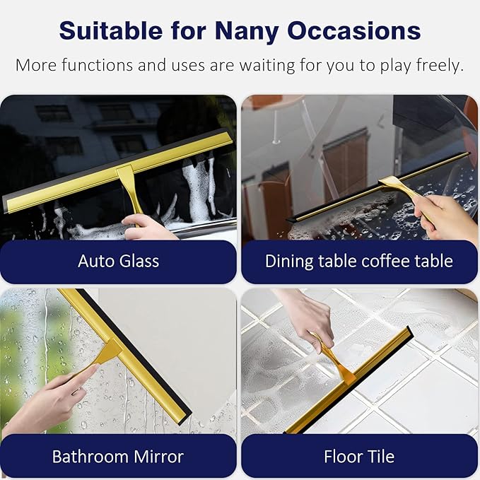 TOOVEM 14 Inch Shower Squeegee for Glass Doors, Window, Bathroom, Car Windshield, Shower Cleaning Tools with S Hook, Square Sticky Hook (Gold)