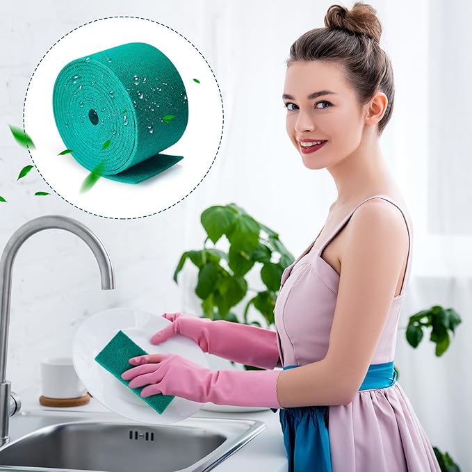 Tioncy 2 Pcs 40 ft Green Scrubbing Pads Roll Heavy Duty Scouring Pads Non Scratch Household Scrub Pads Anti Grease Scrubbing Pads for Dish Metal Grills, 20 ft x 6 in x 0.3 in