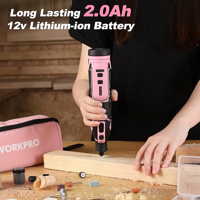 WORKPRO Pink 12V Cordless Rotary Tool Kit, 5 Variable Speeds, Powerful Engraver, Sander, Polisher, 114 Easy Change Accessories, Craft Tool for Handmade and DIY - Pink Ribbon