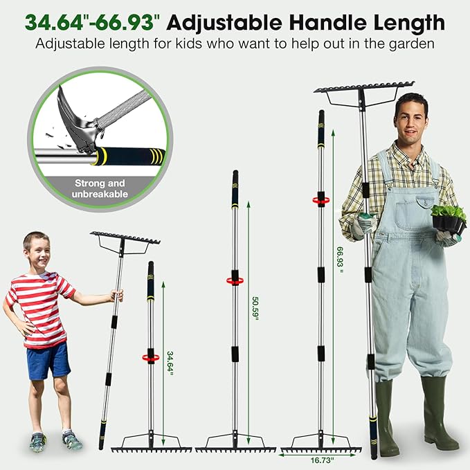 Heavy Duty Garden Rake for Leaves - 17 Tine Metal Head & Adjustable Stainless Steel Handle, 17" Wide 5.58FT Yard Rake for Shrub Leveling/Grass Care