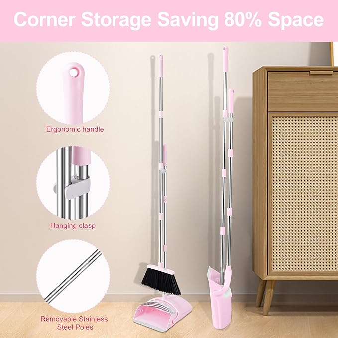 Pink Broom and Dustpan Set, 52-in Handle Broom Dustpan Combo Set Household Hand Broom with Dustpan Teeth to Clean Hair for Home Kitchen Office Lobby Sweeping Indoor（Pink）