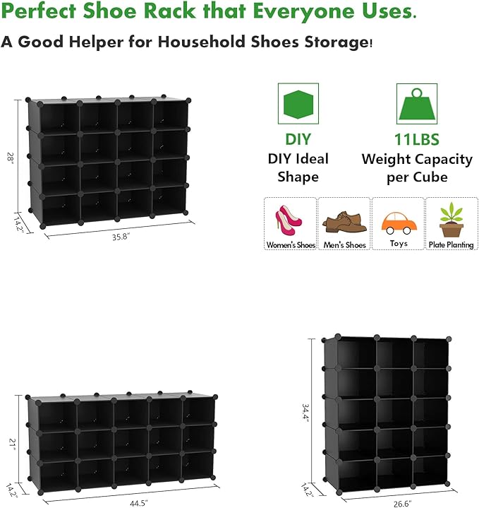 C&AHOME Plastic Shoe Rack,16-Cube Modular Shoes Storage Stand, Multifunction Closet Cabinet, Stackable Shoe Organizer Units for Bedroom Living Room Doorway, 36" L × 14.2" W × 28" H Black SRP15B