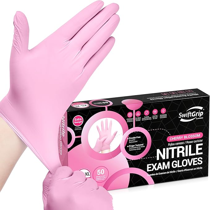 Nitrile Exam Gloves, 4 Mil, Cherry Blossom, Food Safe Gloves Disposable Latex Free, Powder Free
