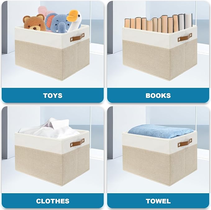 4 Pack Fabric Storage Baskets for Shelves, Closet Storage Bins for Shelves, Fabric Baskets for Organizing with Handles for Home and Office (White with Beige,15"L*10.2"W*9"H)