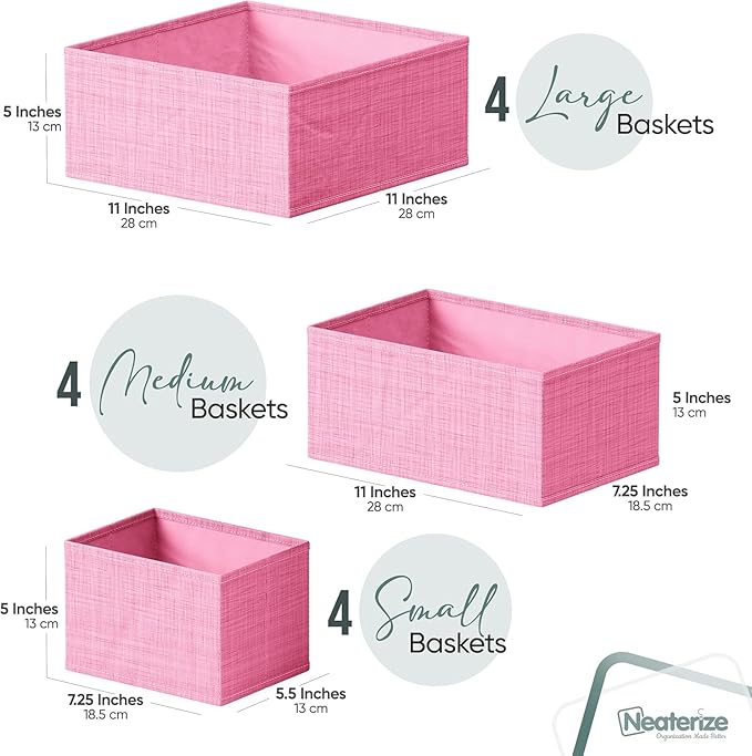Drawer Organizer Clothes Set of 12 Pink - Dresser Organizer For Nursery, Bedroom, Closet - Perfect Baby Clothes Organizer and Storage & General Nursery Organization or Dresser Drawer Organizers