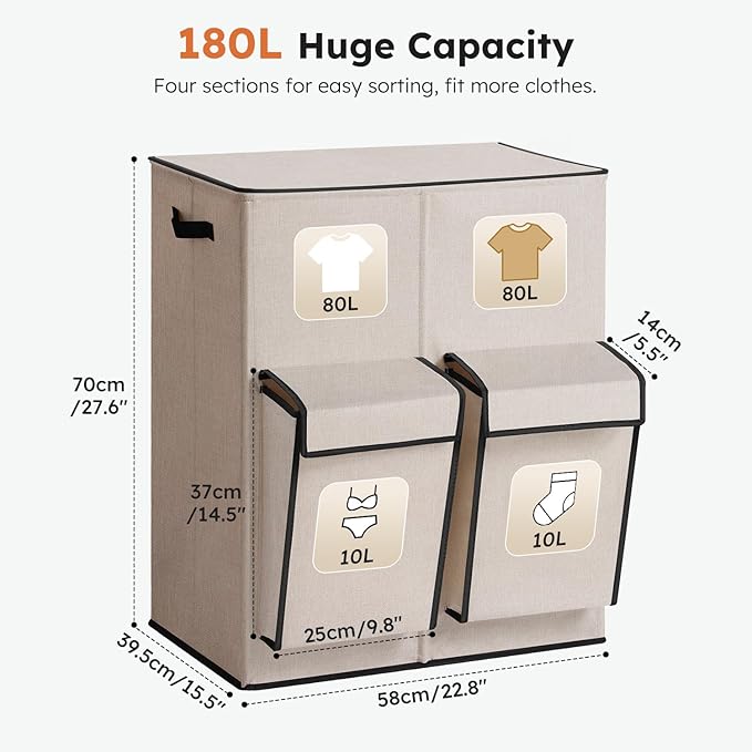 SOLEDI Double Laundry Hamper with Lid, 47.8 Gal (180L) Large Laundr Basket 2 Section with 2 Side Pockets, Dirty Clothes Hamper with Removable Bag, Easy to Carry for Laundry Room, Bedroom, Light taupe
