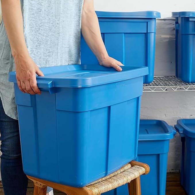Rubbermaid Roughneck Tote 18 Gal, 10 Pack, Made in USA, Heritage Blue, Rugged Plastic Stackable Storage Bins with Lids and Handles
