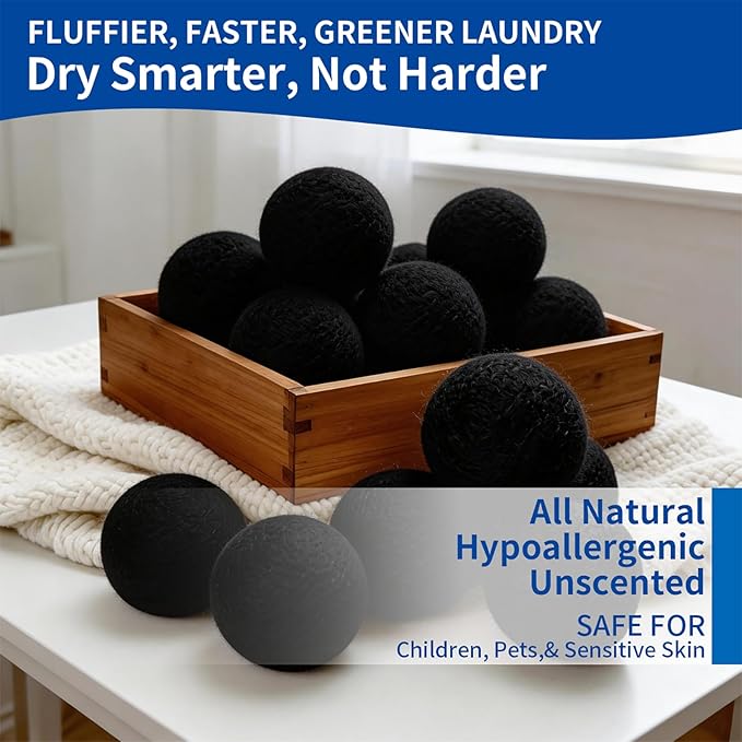 Wool Dryer Balls, New Zealand Dryer Balls Laundry Reusable Reduce Static Cling, Dryer Ball to Reduce Wrinkles & Shorten Drying Time, Drying Balls for Laundry(Pack of 6) (Black)