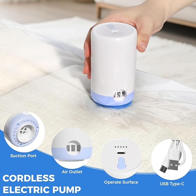 10 Pack Travel Vacuum Storage Bags with Cordless Electric Pump, Combo Rechargeable Space Saver Vacuum Seal Bags for Clothing Travel Vaccine Sealed Storage Bag for Comforters Blankets Clothes