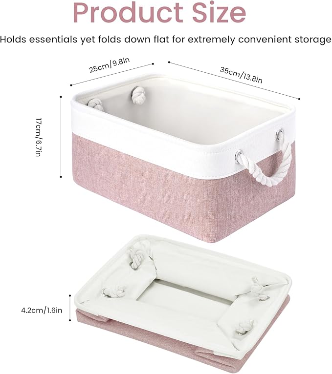 Storage Baskets for Shelves 13.8x9.8x6.7 Inch-Foldable Fabric Organizing Storage Bins with Handles, Closet & Bathroom Organizer, Home Storage for Kitchen, Office (3-Pack, White&Pink)
