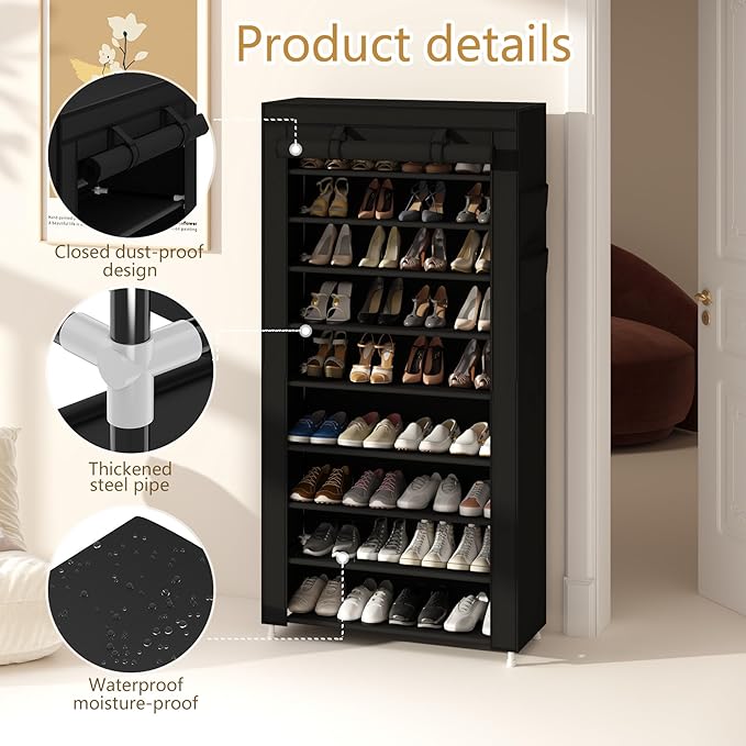 Calmootey 9 Tier Shoe Rack Organizer,Portable Shoe Shelf with Nonwoven Fabric Cover for Closet Hallway,Bedroom,Entryway,31.50x11.81x62.99inches,Black