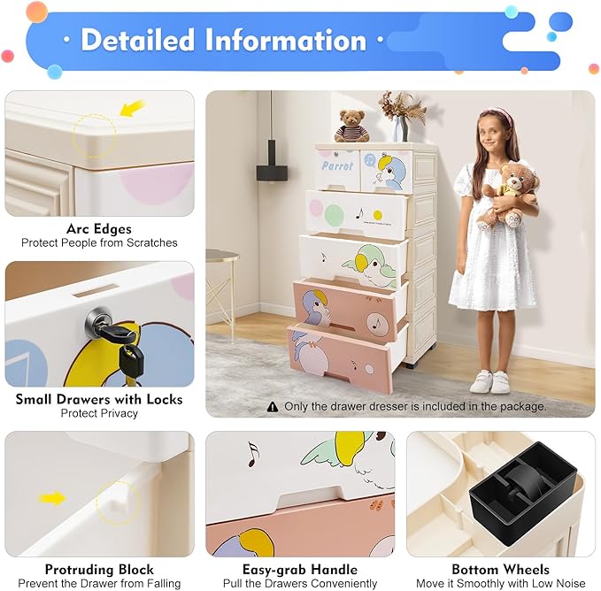 Rolling Parrot Plastic Dresser Storage Cabinet w/Lock, 6 Drawers Plastic Drawers Dresser Closet Drawers Tall Dresser Organizer for Clothes Playroom Bedroom Furniture, Multi-Color