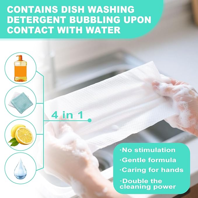 twoworld Disposable Dish Cleaning Wipes,Dish Wipes for Washing Dishes No Waterfor Camping Travel Kitchen Outdoor(pack of 50)