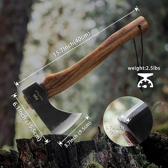 15.7" Hatchet, Camping Hatchet, Hand-Forged Axe with Sheath for Wood Chopping, Splitting, and Carving, Bushcraft Axe with Beech Handle for Outdoor Survival and Garden Work