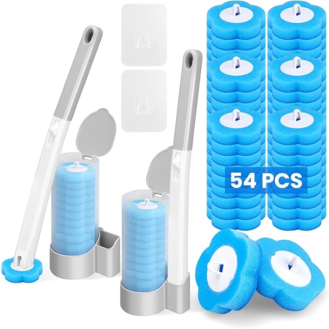 2 Pack Disposable Toilet Brush with 54 Refills, Toilet Wand Starter Kit, Toilet Brush and Holde Set, Wall Mounted Toilet Bowl Scrubber for Bathroom Maintenance