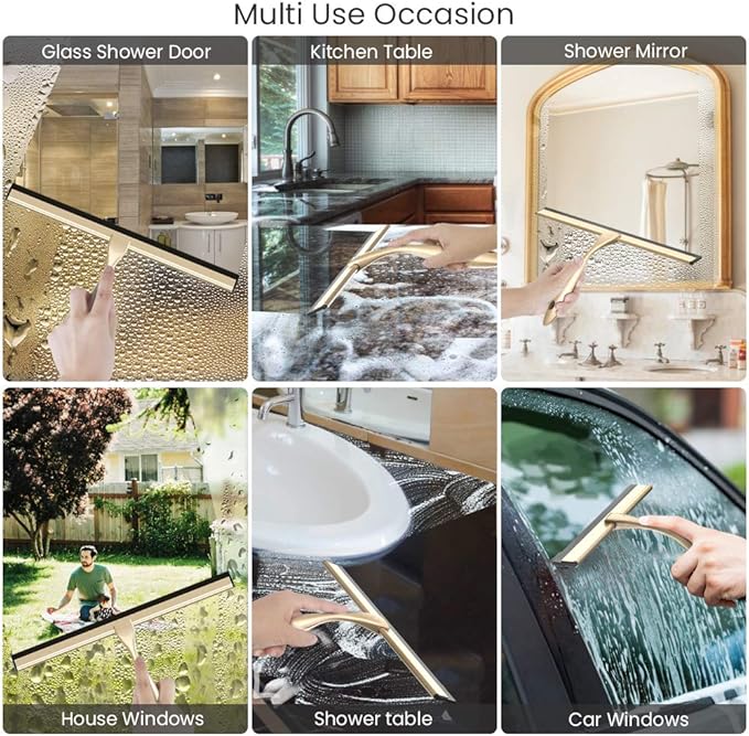 Shower Squeegee with Self Adhesive Hook, 14 Inches Stainless Steel Squeegee Cleaner, All-Purpose Window Scraper for Bathroom Doors, Mirror, Windows and Car Glass, Light Gold