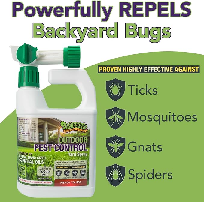 Trifecta Outdoor Pest Control | Natural mosquito repellent, tick, gnat, & mosquito backyard control | Pet & Kid Safe | Hose-End pest control spray for Lawns, Trees, Bushes, Patios & More (32oz 1-Pack)