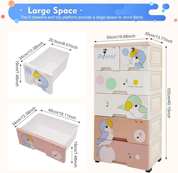 Rolling Parrot Plastic Dresser Storage Cabinet w/Lock, 6 Drawers Plastic Drawers Dresser Closet Drawers Tall Dresser Organizer for Clothes Playroom Bedroom Furniture, Multi-Color