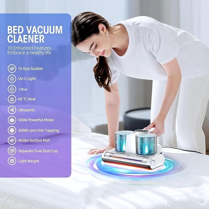 Mattress Vacuum Bed Vacuum Cleaner 16Kpa Suction 253.7nm UV-C Light, 140°F Heated Air, 30000 RPM Brushroll, Ultrasonic, HEPA Filter, Handheld Vacuums for Carpet/Sofa, 500W Corded, (White)