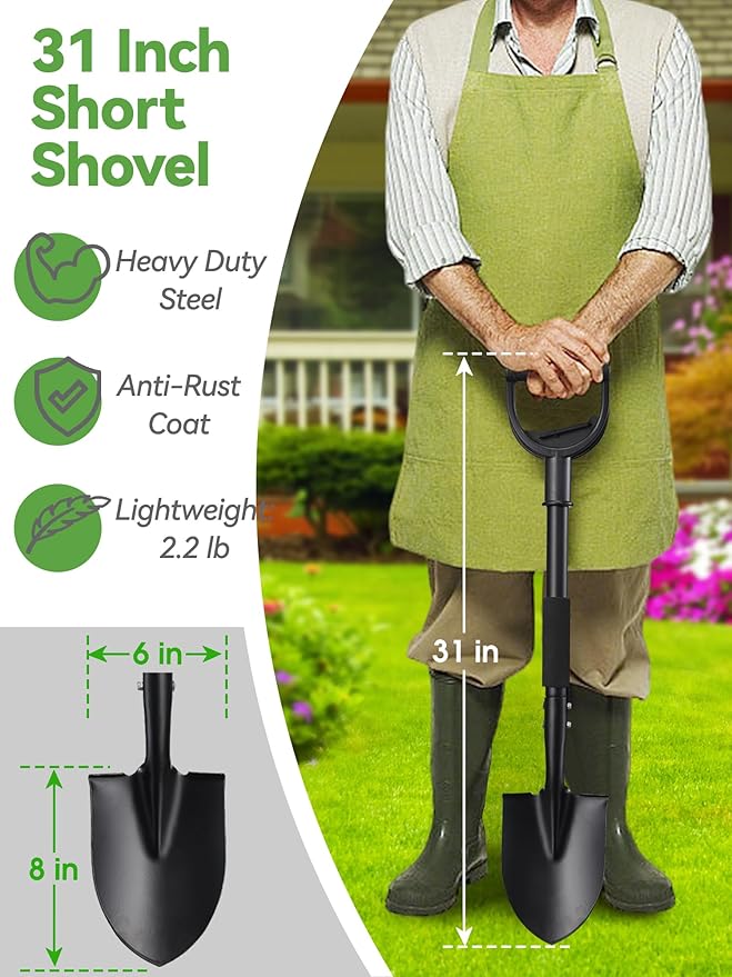 Shovel, Garden Shovels for Digging Gardening, Off Road Car Snow Removal, 31 inch Small Short Metal Shovel Heavy Duty with D-Handle, Sharp Round Point Blade, Comfort Grip, Kids Mini Camping Spade
