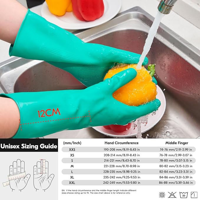 Vgo... 5-Pairs Reusable Household Gloves, Rubber Dishwashing gloves, Extra Thickness, Long Sleeves, Kitchen Cleaning, Working, Painting, Gardening, Pet Care (Size L, Green, HH4601)