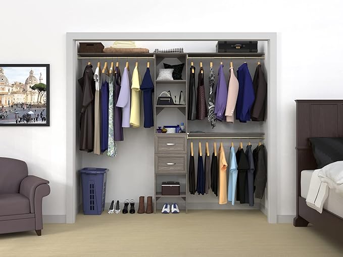 ClosetMaid SuiteSymphony Wood Closet Organizer Starter Kit with Tower and 3 Hang Rods, Shelves, Adjustable, Fits Spaces 4 – 9 ft. Wide, Graphite Grey