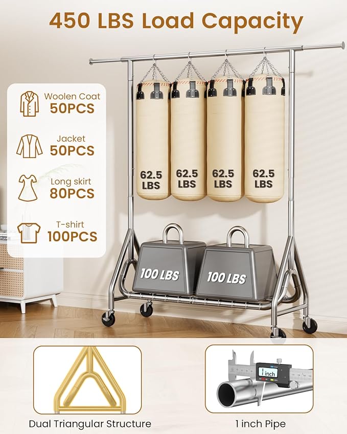 Heavy Duty Clothing Rack, Metal Clothes Rack Load 450 LBS, Rolling Coat Racks for Hanging Clothes with Lockable Wheels, Wardrobe Closet Garment Racks for Bedroom, Silver