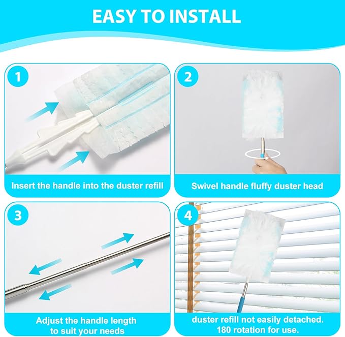 60 Count Disposable Duster Refills for Cleaning, for Swiffer Duster Refill, Multi-Surface Dusting Refills, Dusting Furniture, Blinds, Ceiling Fans, Helps Remove Allergens