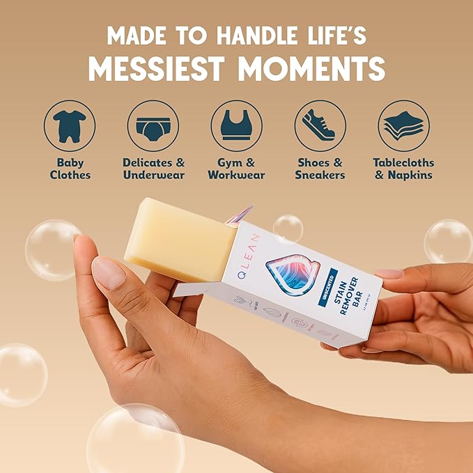 QLEAN Vegan Stain Remover Bar for Fabrics, Laundry Bar Soap for Clothes – Plant-Based, Travel-Friendly Stain Remover for Grease, Wine, Coffee, Grass & More – Non-Toxic & Safe for Delicates (1)