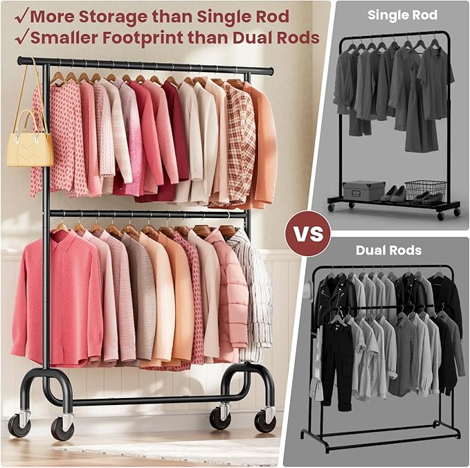 Heavy Duty Clothes Rack, 78.35" Rolling Clothing Rack for Hanging Clothes with Lockable Wheels, 6-Level Adjustable Double Rod Garment Rack for Bedroom, Laundry, Clothing Store, Black
