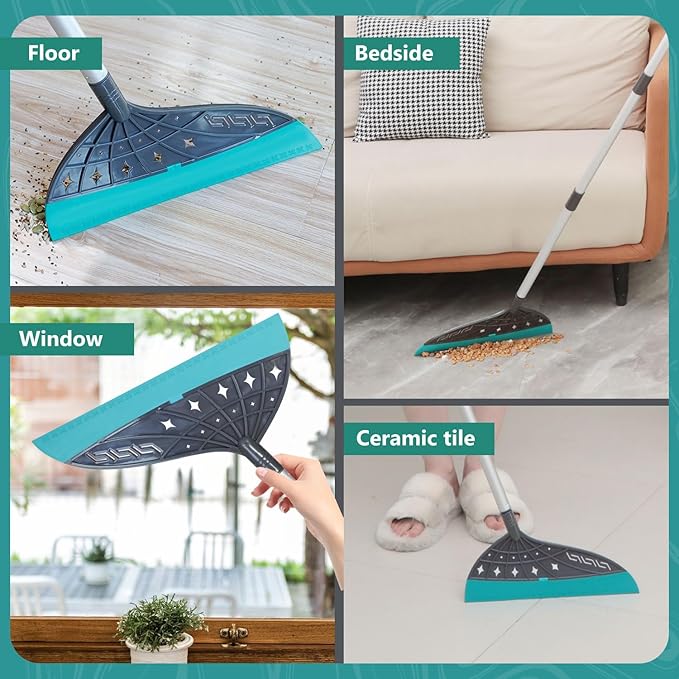 Air Broom, Multifunctional Silicone Broom for Hair, Cat Litter, Crumbs, Liquids Removal on Smooth Floor, Magic Squeegee Broom Comfortable Cleaning for Tile, Bathroom, Includes 2 Broom Heads (Gray)