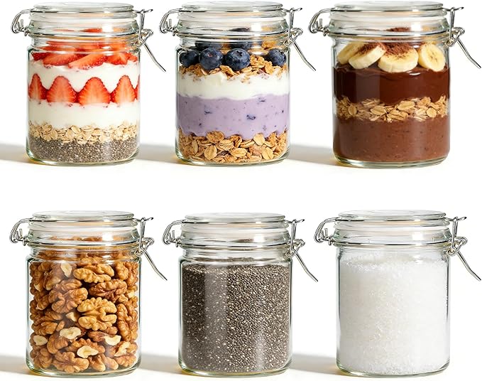 ComSaf 17oz Glass Jars with Airtight Lids 6-Pack, Wide Mouth Wire Clamp Canisters for Sourdough Starter, Fridge Pickling & Pantry Organization, Straight-Sided Farmhouse Apothecary Jars (500ml)