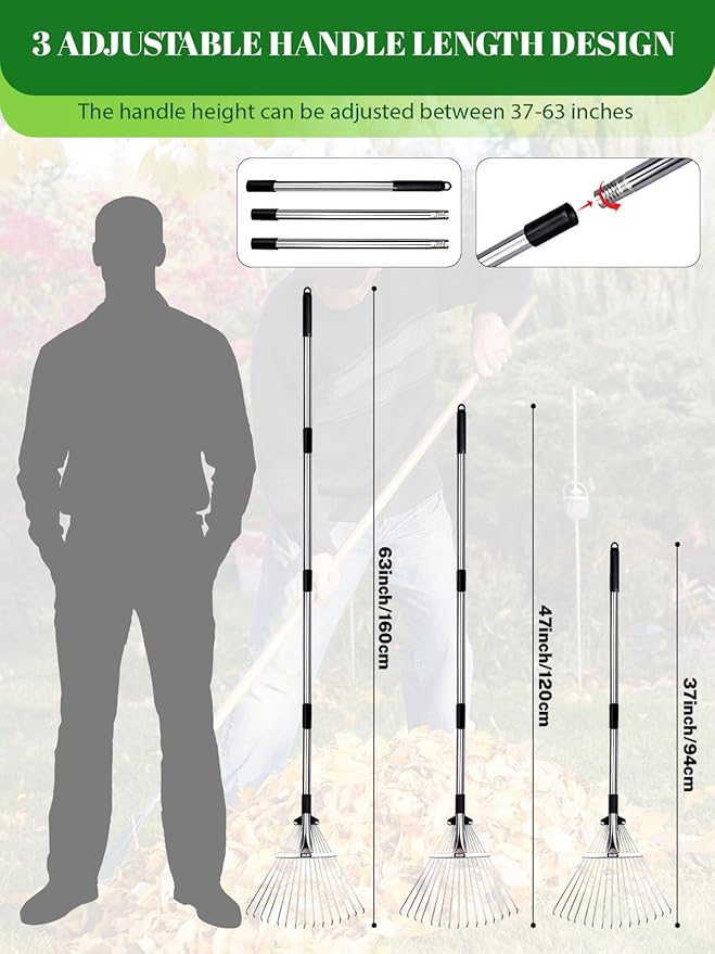 Adjustable Metal Leaf Rake Set Garden Rake for Leaves Long Handle 37"-63" Expandable Head Gardening Tools Set Includes 44 Gallon Bag & Scoop & Gloves Rakes for Lawns Heavy Duty for Yard Lawn Garden