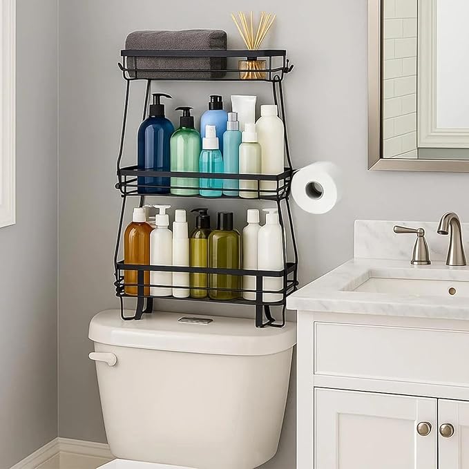 PowerKing Over The Toilet Storage Shelf, 3 Tier Bathroom Organizer Rack, No-Drill, Rust-Resistant Steel, Toilet Paper Holder for Restroom Bathroom, Black