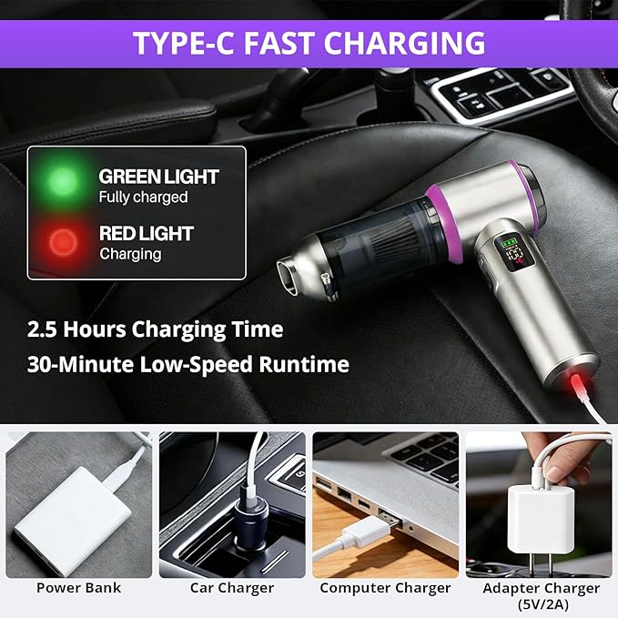 Cordless Handheld Vacuum with 17000Pa Powerful Suction, LED Light & 4-in-1 Nozzles, Portable Car Vacuum Cleaner for Pet Hair, Home, Office Desk, 3 Speeds & Type-C Charging