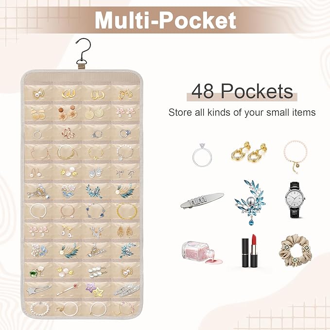 Dynoro Double-Sided Hanging Jewelry Organizer, Large Lvory Storage Roll for Earrings, Necklaces, Rings, 48 Pockets 21 Hooks, Durable Oxford Fabric for Closet, Wall, Door, 1 piece, Jewelry Not Included