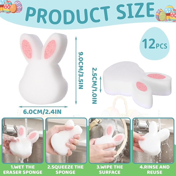 Tioncy 12 Pack Kitchen Sponges Bulk Dual Sided Scrubber Sponges Dishwashing Kitchen Cleaning Accessories for Household Supplies(Easter Bunny,White, Pink)