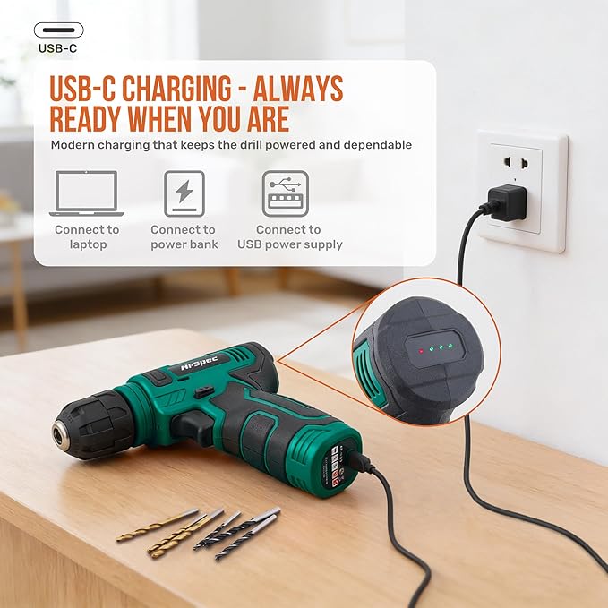 Hi-Spec 8V Cordless Drill Set & Tool Kit for Men – Power USB Rechargeable Electric Drill Driver, Compact Hand Toolbox with Essential Tools, Green, Ideal for Home Improvement