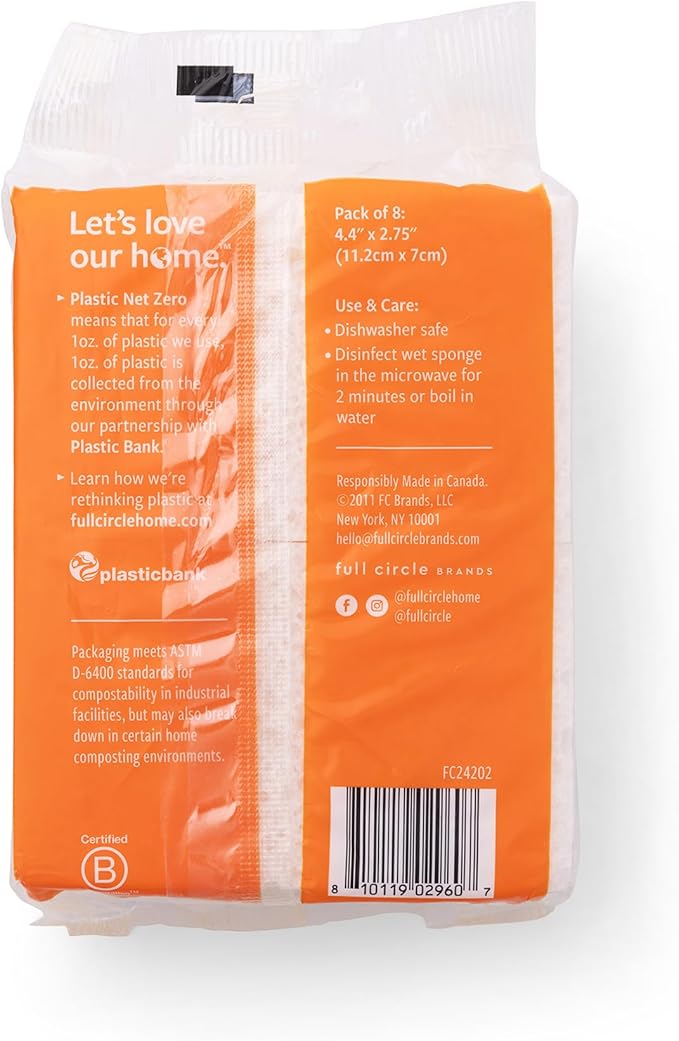 Full Circle Plain Jane, 100% Plant-Based Cellulose Sponges – Pack of 8 – Plastic-Free, Natural Sponge, No Microplastics, Safe for Nonstick Cookware
