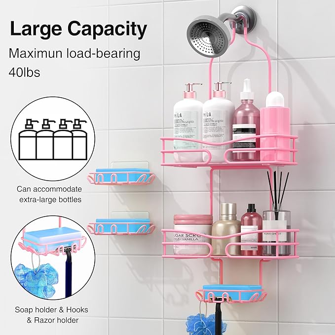 DAOYA Over the Shower Head Caddy Pink - Shower Caddy Hanging with 3 Soap Holders, Stainless Steel Bathroom Organizer and Storage, Rustproof