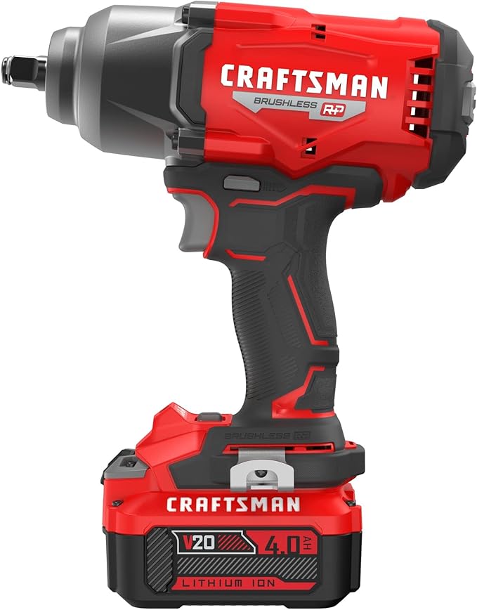 CRAFTSMAN V20 RP Impact Wrench, Cordless, Brushless, High Torque, 1/2 Inch, 4Ah Battery and Charger Included (CMCF940M1)