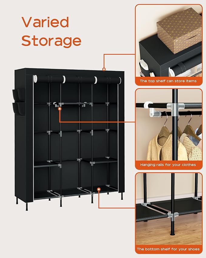 CASAMAYA Portable Closet, 51.2 Inch Large Capacity Wardrobe Closet with Cover, Clothes Storage Organizer with Shelves and 3 Hanging Rods, Easy to Assembly, Black PCT203B01