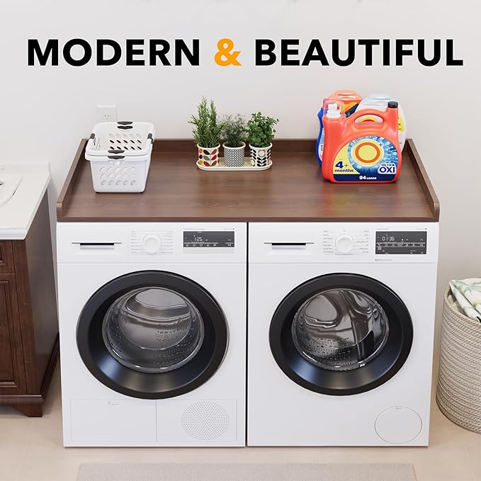 SpaceAid Washer Dryer Countertop, Laundry Wood Shelf Topper with Edge, 54" Width x 27.5" Depth Cover Guard Organizer for Washer and Dryer Laundry Hamper Counter Storage Organization (Brown Wood)