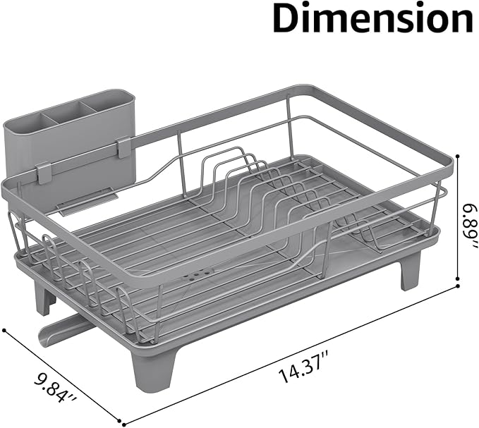 Urackify Dish Drying Rack for Kitchen Counter, Sink Dish Rack with Drainboard, Large Dish Drainer with Cups Holder, Home Countertop Plate Dryer Storage Rack with Cutlery Holder, Gray
