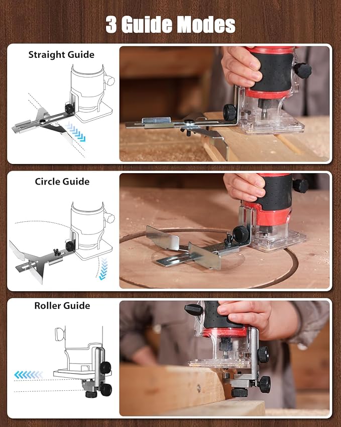 AVID POWER 630W 5.3 Amp Wood Router Tool with Fixed Base Compact Router for Woodworking, 35,000 RPM, 1/4” collet & 5 Trim Bits, Straight & Roller Guide, 2 Wrenches and Carbon Brushes
